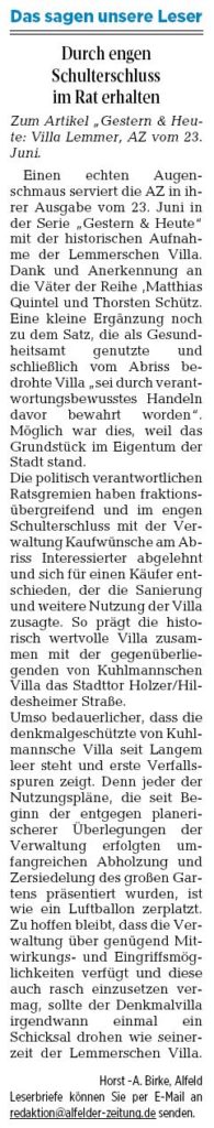 AZ vom 02.07.2016-gestern+heute-Leserbrief zu Villa Lemmer-Birke